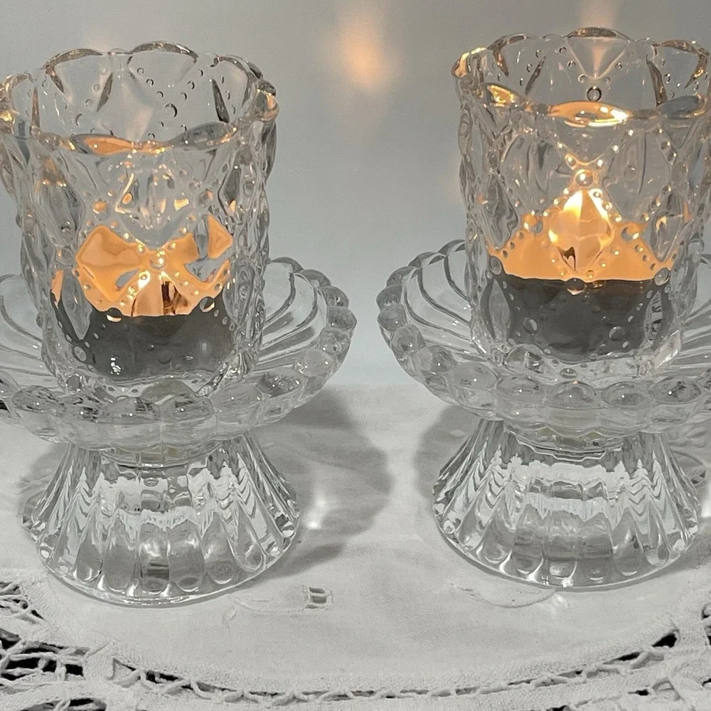 Vintage PartyLite Quilted Crystal Votive Candle Holder Pair Original Box P9246 - Picture 2 of 13
